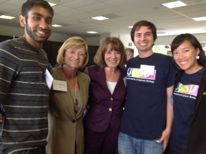Bioinformatics and Systems Biology graduate students meet with UCSD Vice Chancellor of Research Sandra Brown and Congresswoman Susan Davis at the 2014 San Diego Festival of Science and Engineering. (left to right: Anand Patel, Sandra Brown, Susan Davis, Eric Scott)
